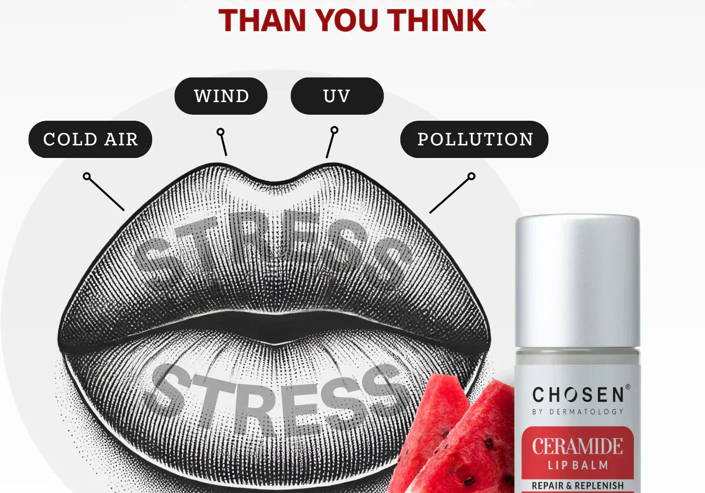 Lips with arrows showing exposome stressors like UV, wind, and pollution, protected by a transparent Ceramide Lip Balm shield.