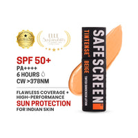 Beige tinted sunscreen bottle with swatch
