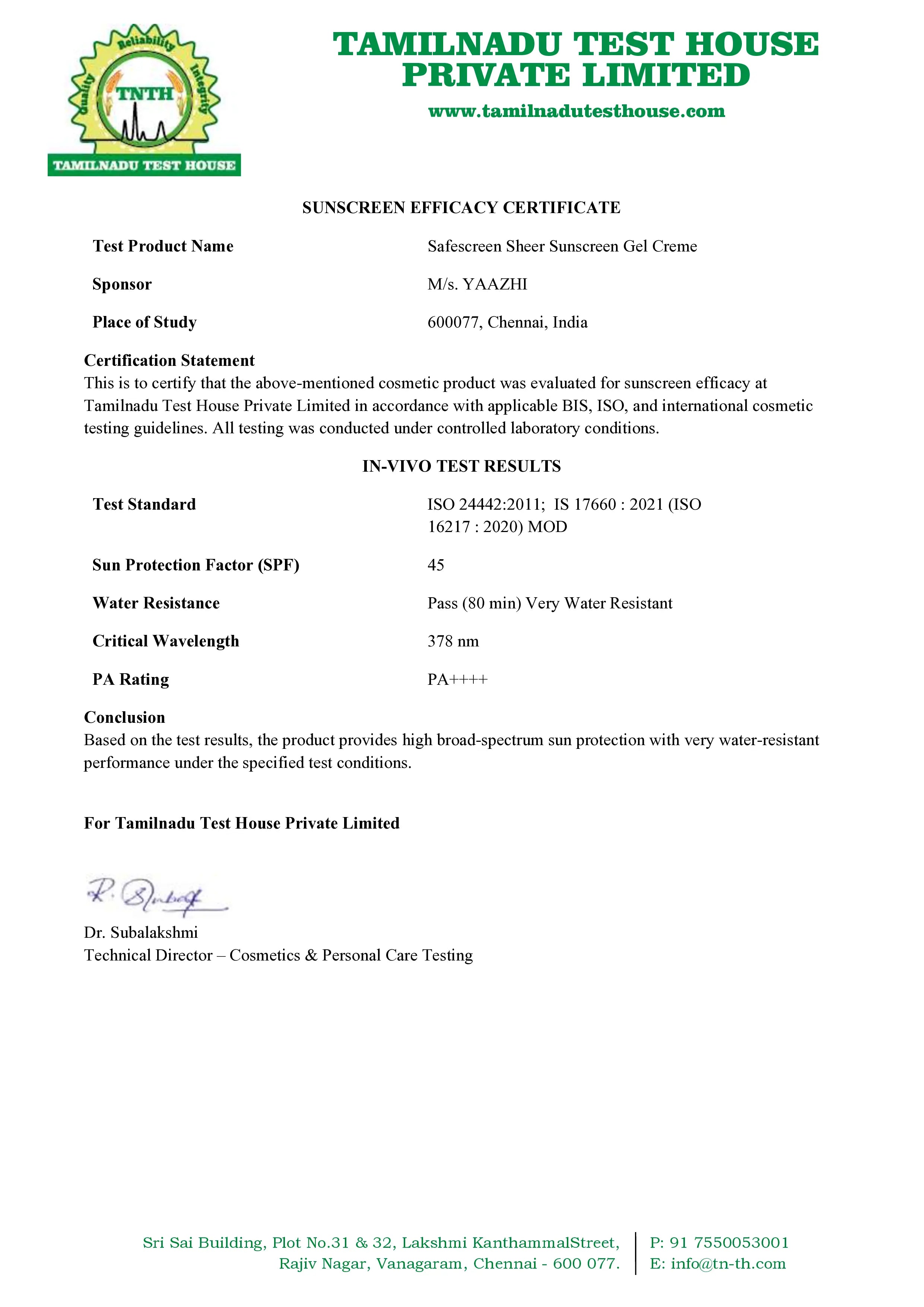 Safescreen Sheer Test Report