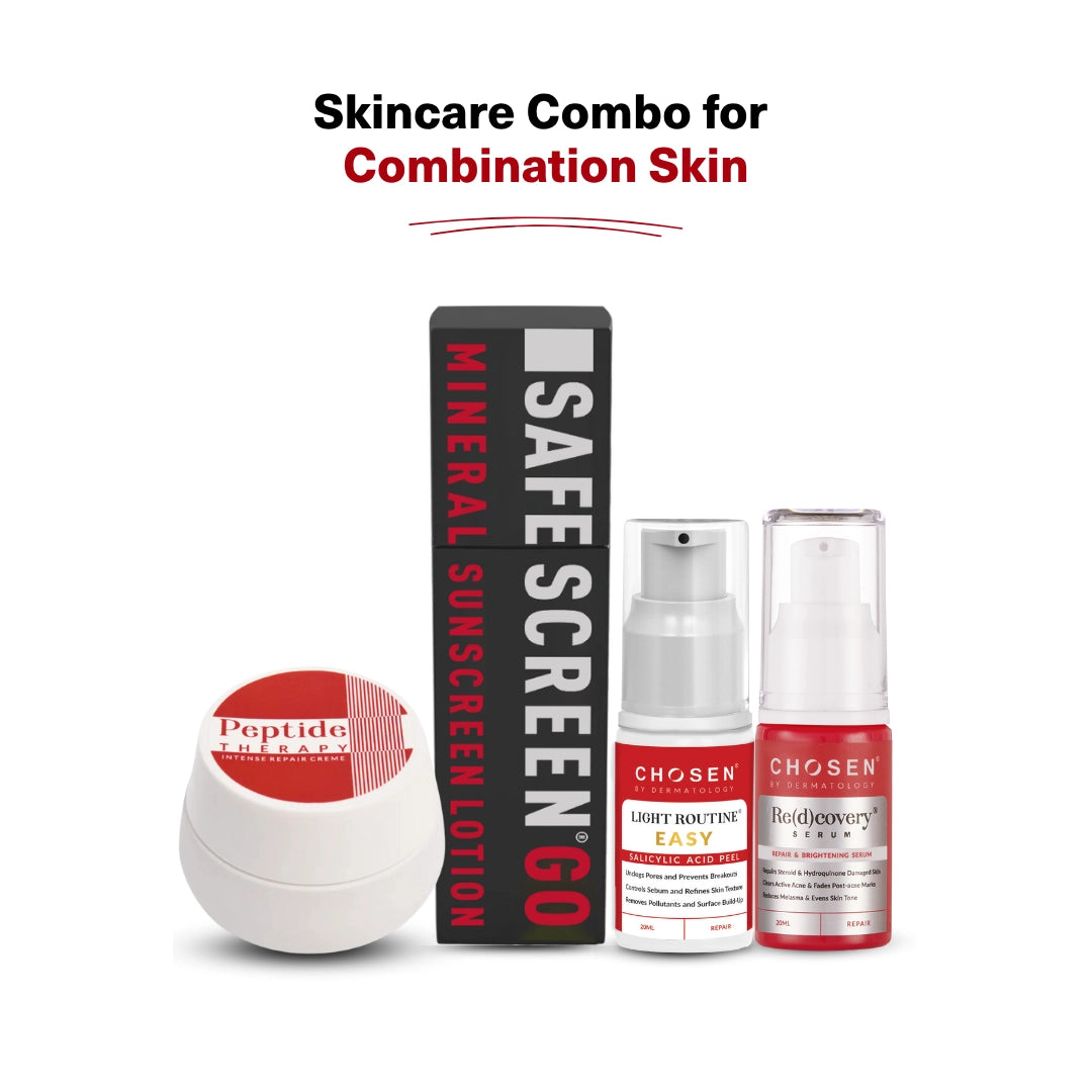 Skincare combo for combination skin with various products on a white background