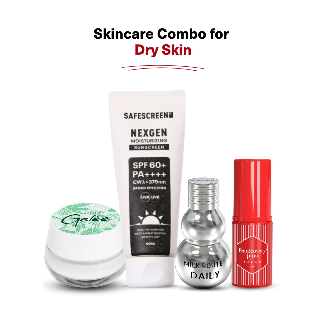 Skincare Combo for Dry Skin with variou products in white background