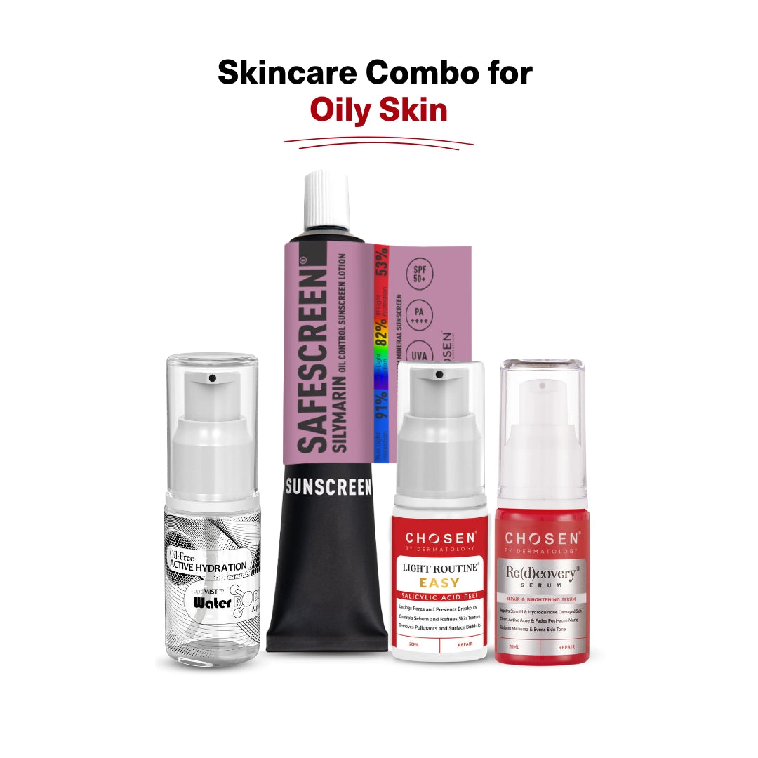 Skincare combo for oily skin with various products on a white background