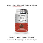 Front view of TOR Coffee-Flavored Marine Collagen Powder 30-day pack tin featuring Type 1 collagen peptides and premium coffee blend for daily beauty nutrition.