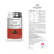 TOR Coffee-Flavored Marine Collagen Powder tin with detailed label showing ingredients, nutritional facts, usage directions, and product benefits for daily skin and joint support.